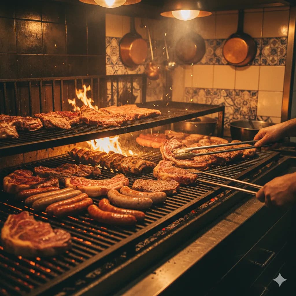 Grelhador a carvão aberto no Assador Sassoeiros com chamas