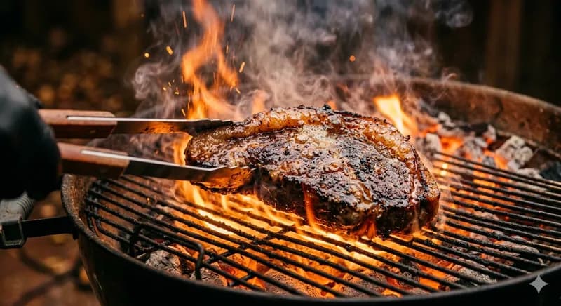 Picanha a ser grelhada sobre carvão