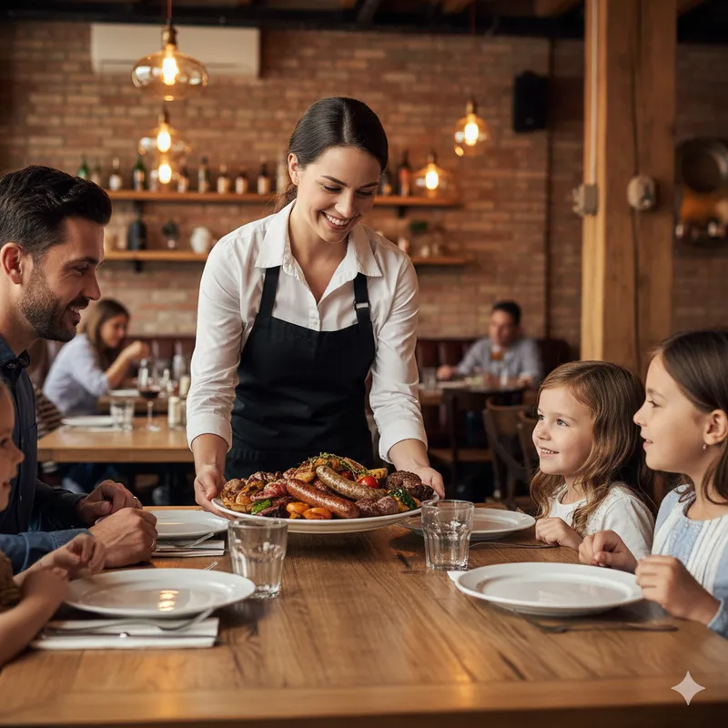 Equipa simpática a servir à mesa
