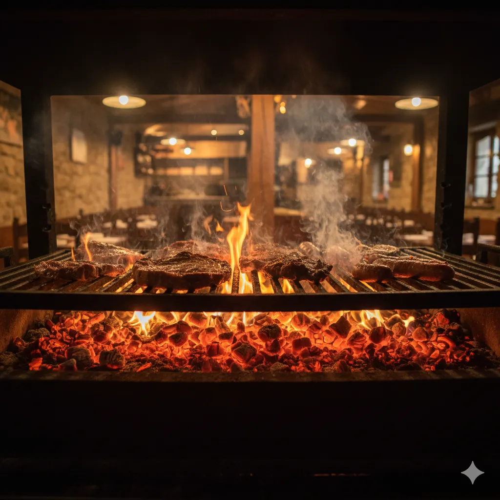 Grelhador a carvão com chamas e fumo no Assador Sassoeiros